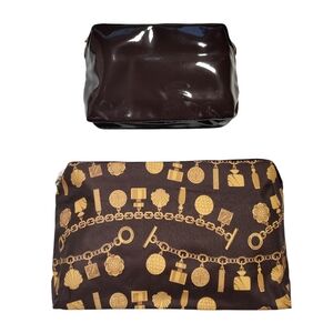 Estee Lauder Brown and Gold Chain Patterned Cosmetic Bag Pouch Set New